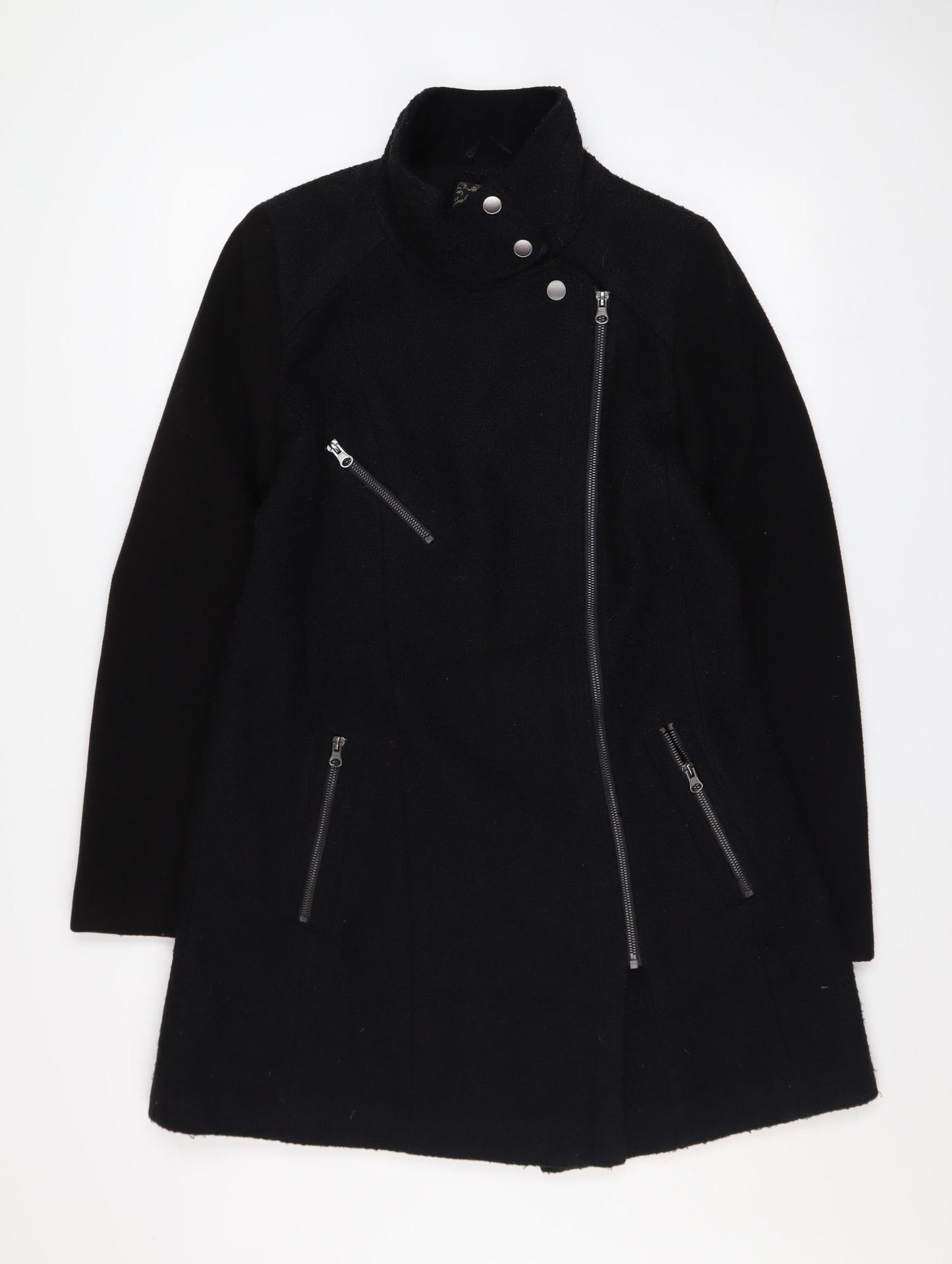 Next Women’s Black Wool Blend Mid-Length Motorcycle Coat Size 12