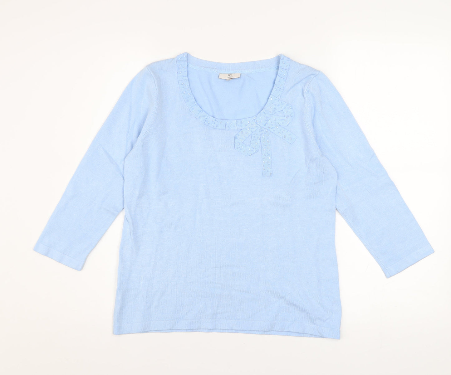 CC Petite Women's Blue Bow Scoop Neck 3/4 Sleeve Pullover Jumper Size S