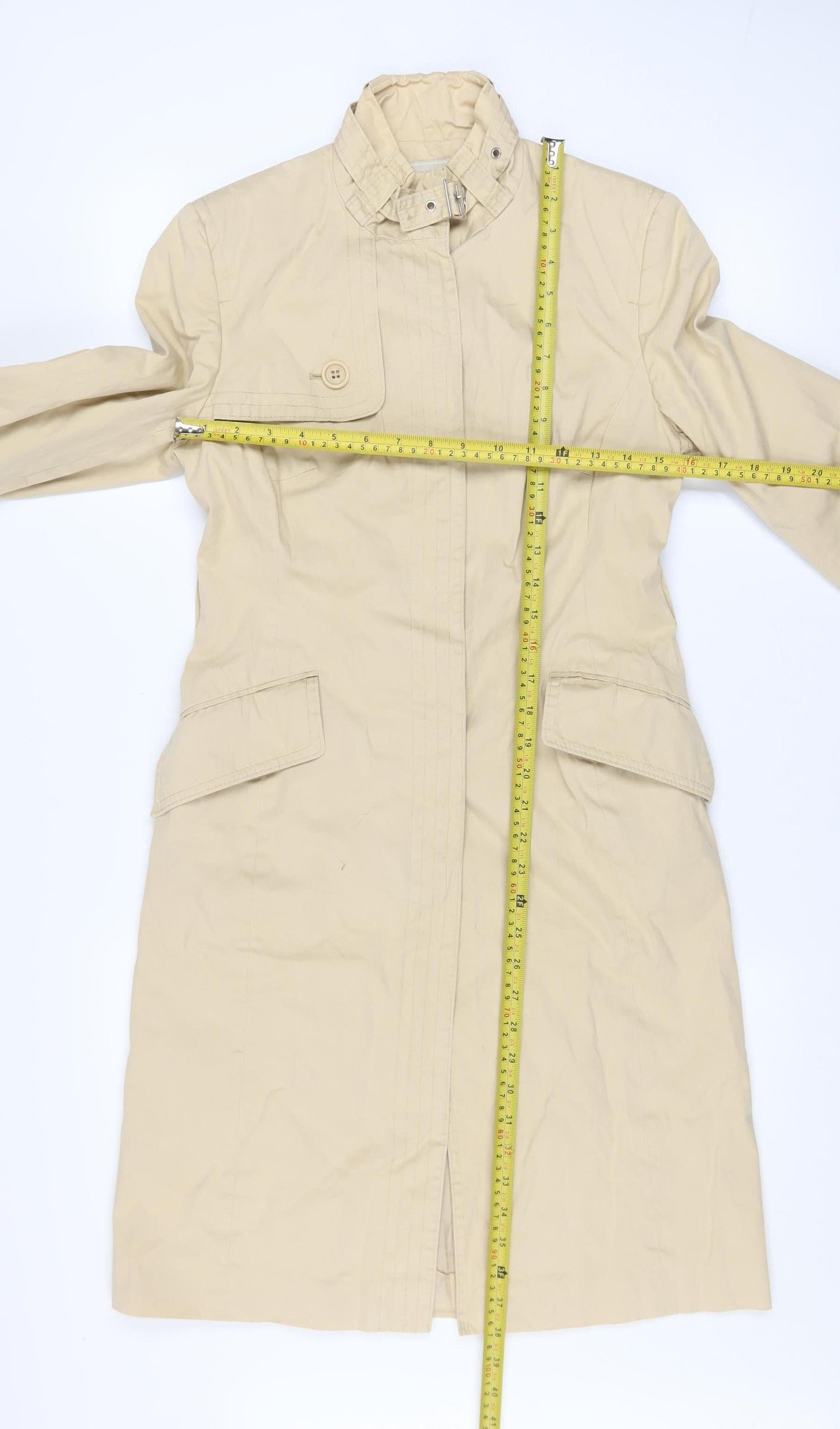 Karen Millen Women's Beige Long Trench Coat Size 8 Belted Classic
