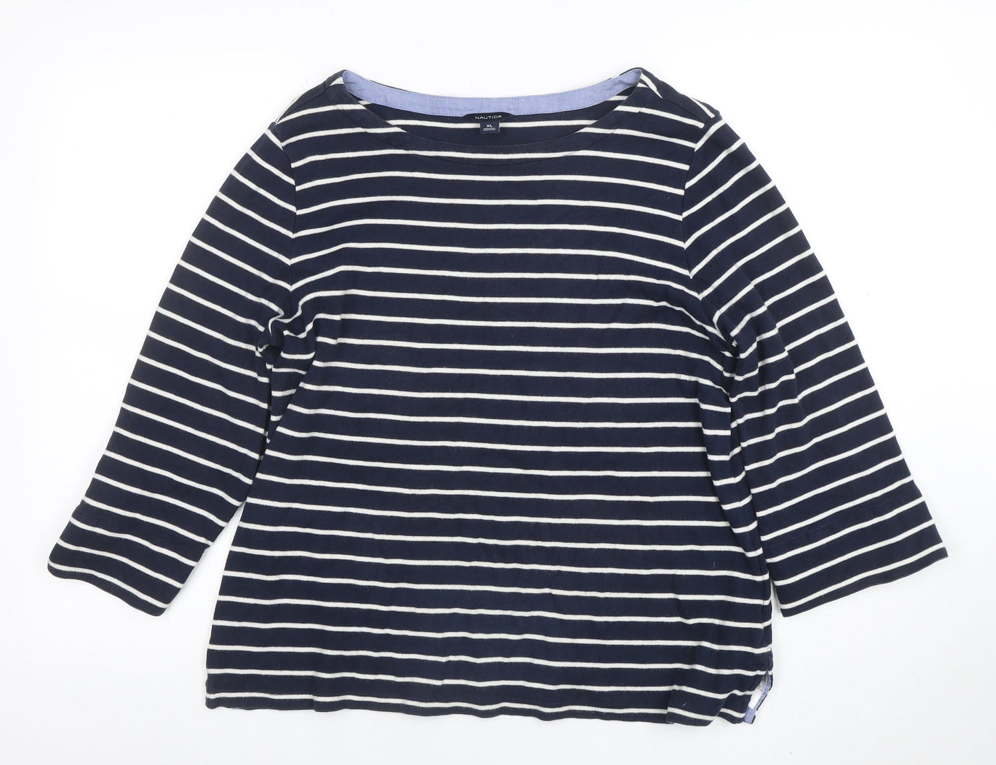 Nautica Women's Blue Striped 3/4 Sleeve Cotton Boat Neck Top XL