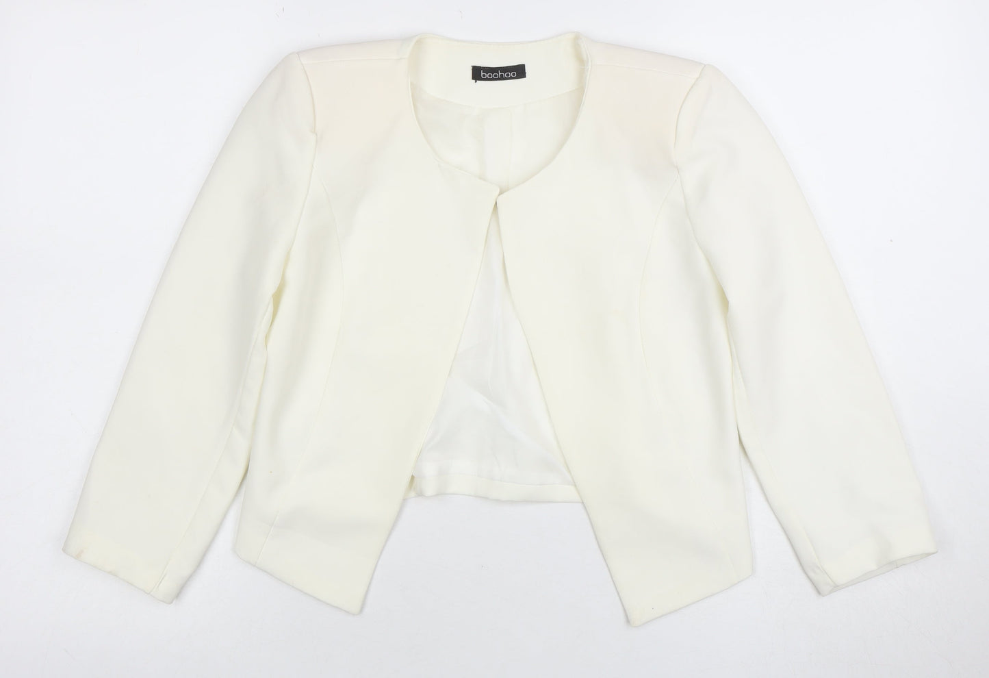 Boohoo Women Ivory Cropped Suit Jacket Blazer S Polyester Blend