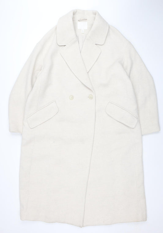 H&M Women’s Beige Long Pea Coat Size 14 Wool Blend Buttoned Classic