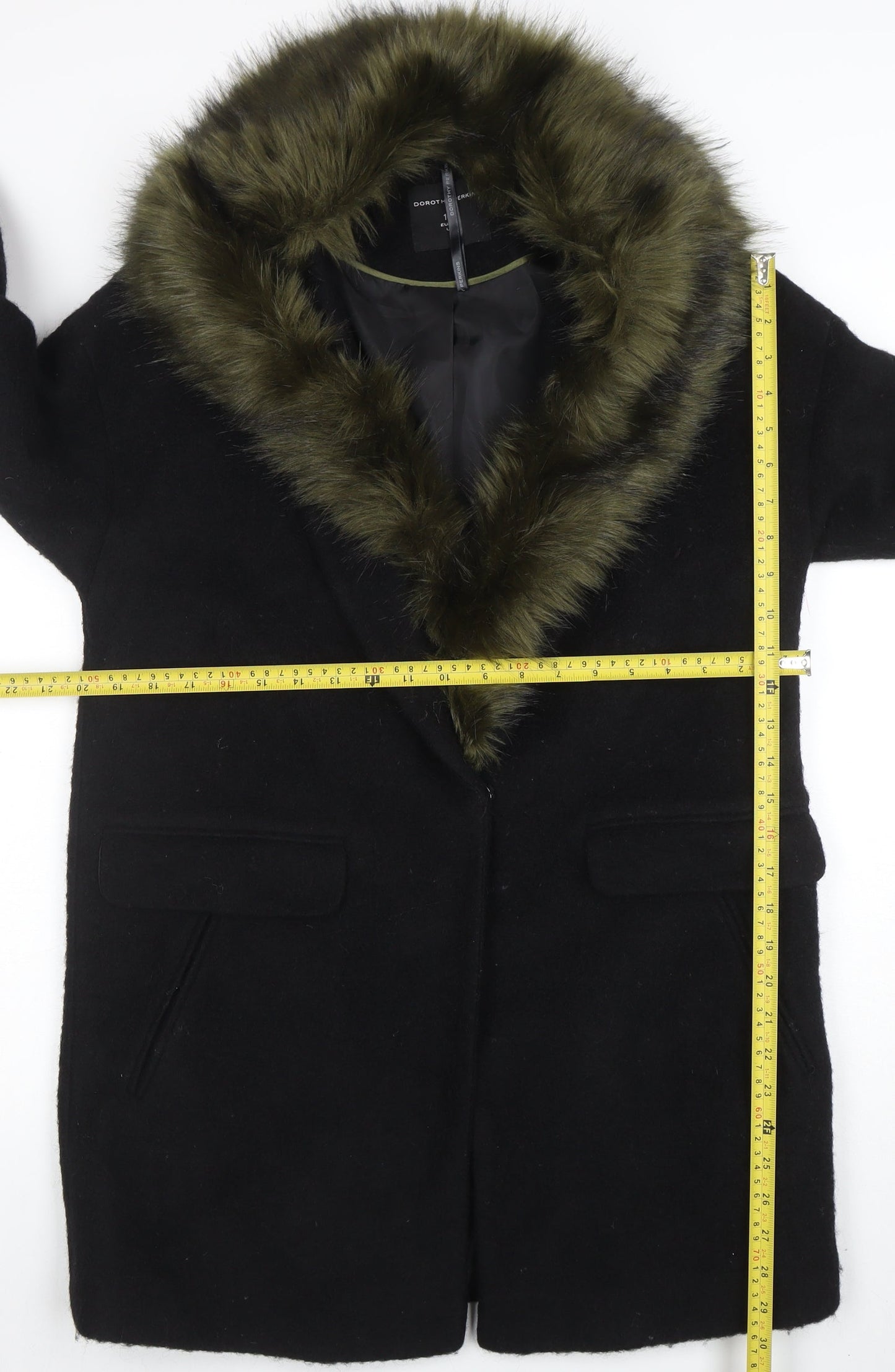 Dorothy Perkins Women's Black Faux Fur Trim Wool Blend Mid-Length Coat Size 10