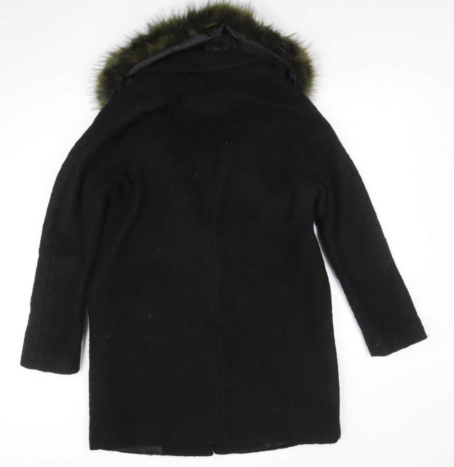 Dorothy Perkins Women's Black Faux Fur Trim Wool Blend Mid-Length Coat Size 10