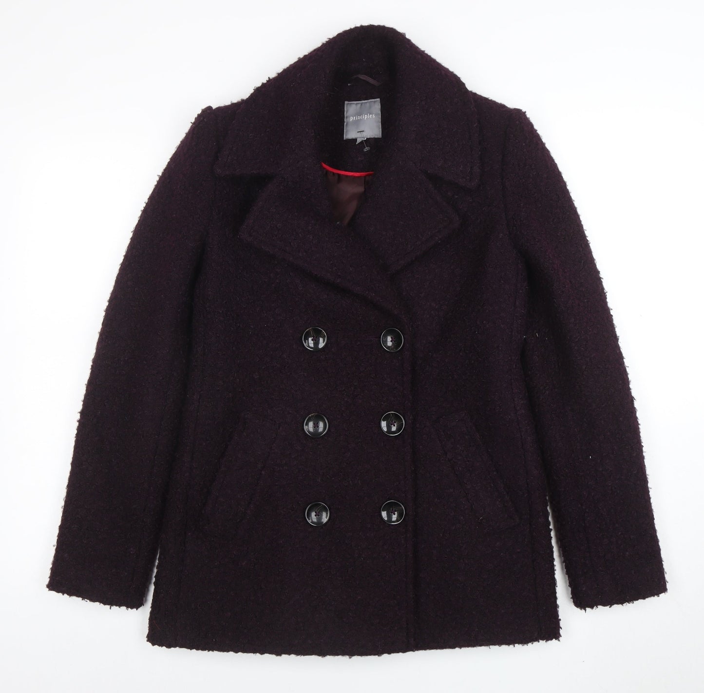 Principles Women’s Purple Wool Blend Pea Coat Size 8 Buttoned Mid-Length