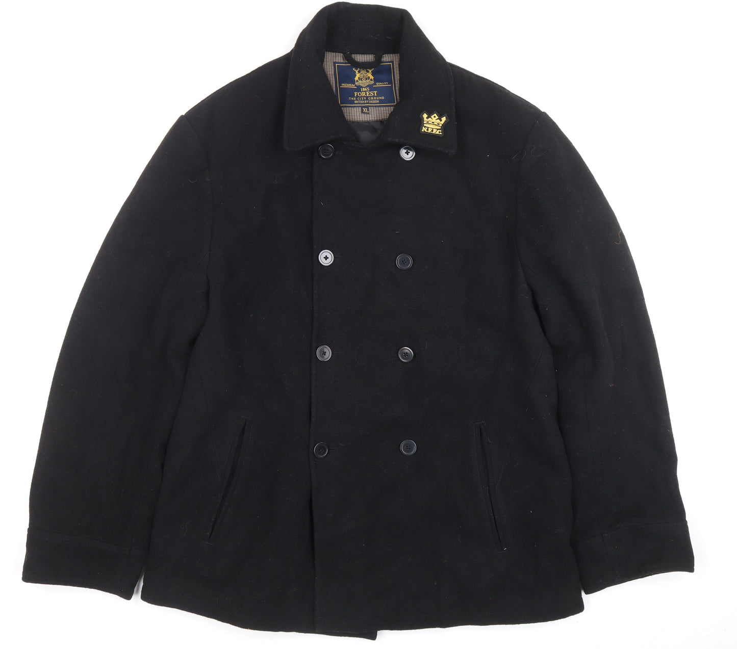 Forest Mens Black Wool Blend Pea Coat XL Classic Double-Breasted Jacket