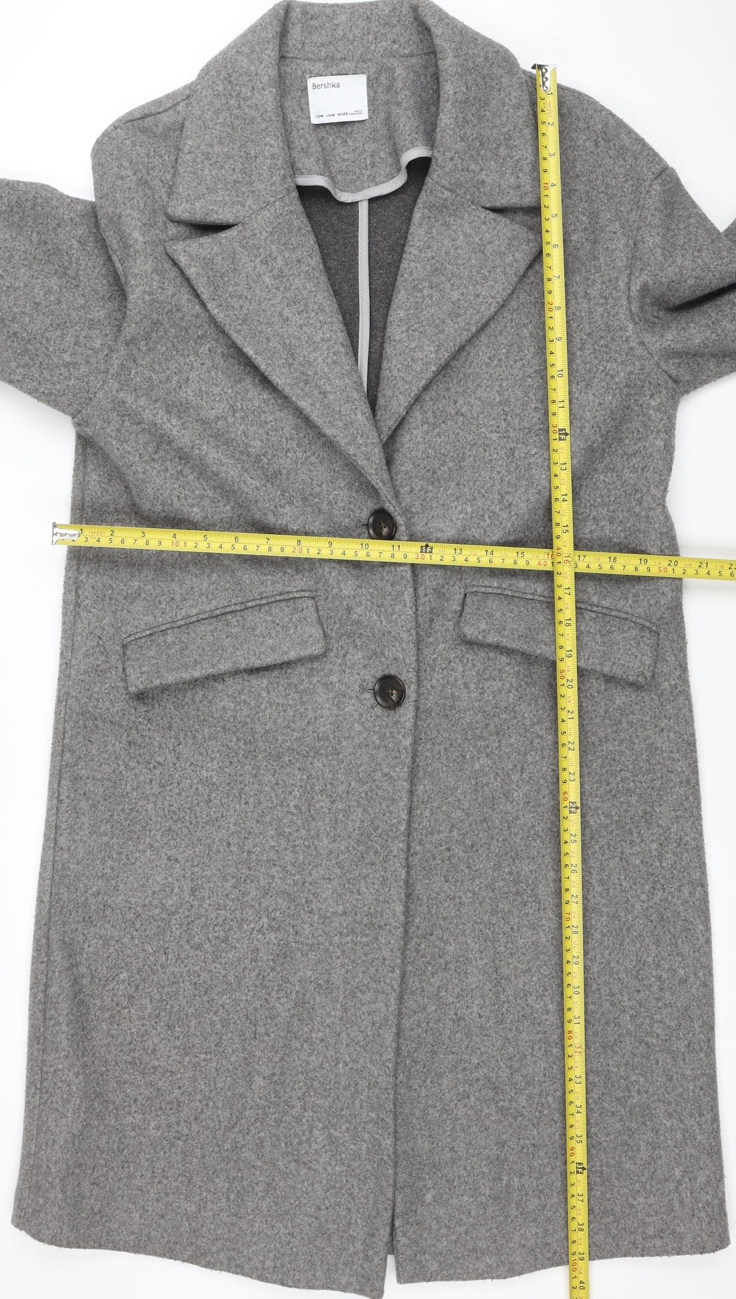 Bershka Women Grey Long Overcoat Size 10 Single-Breasted Style
