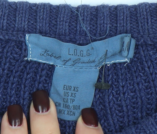L.O.G.G. Womens Blue Chunky-Knit Crew Neck Pullover Jumper Size XS