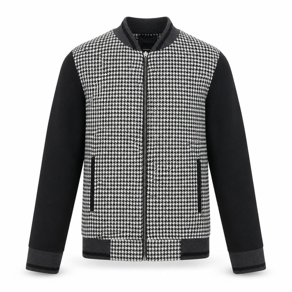 Soyaconcept Men Black & White Houndstooth Wool Blend Bomber Jacket S