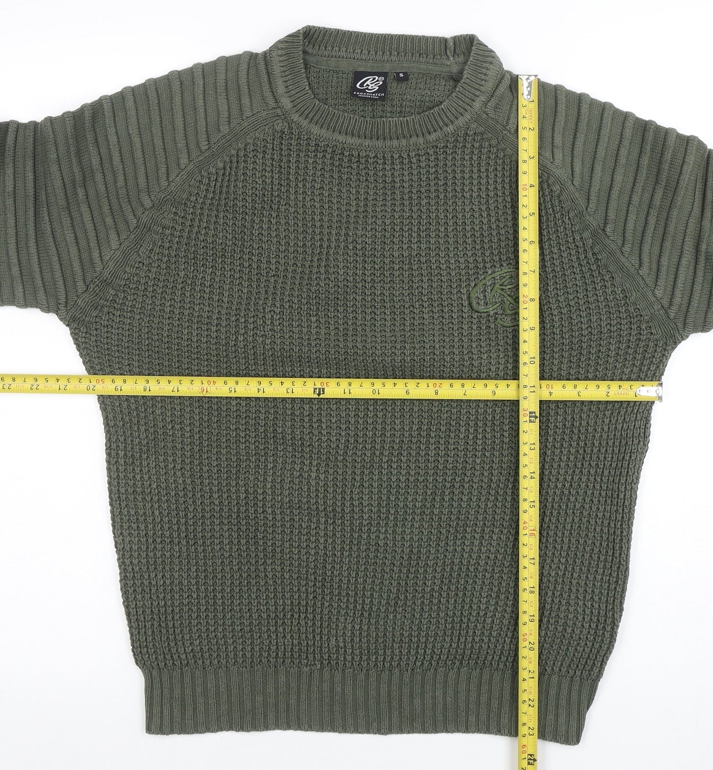 Crosshatch Mens Green Cotton Crew Neck Chunky Knit Jumper Size S
