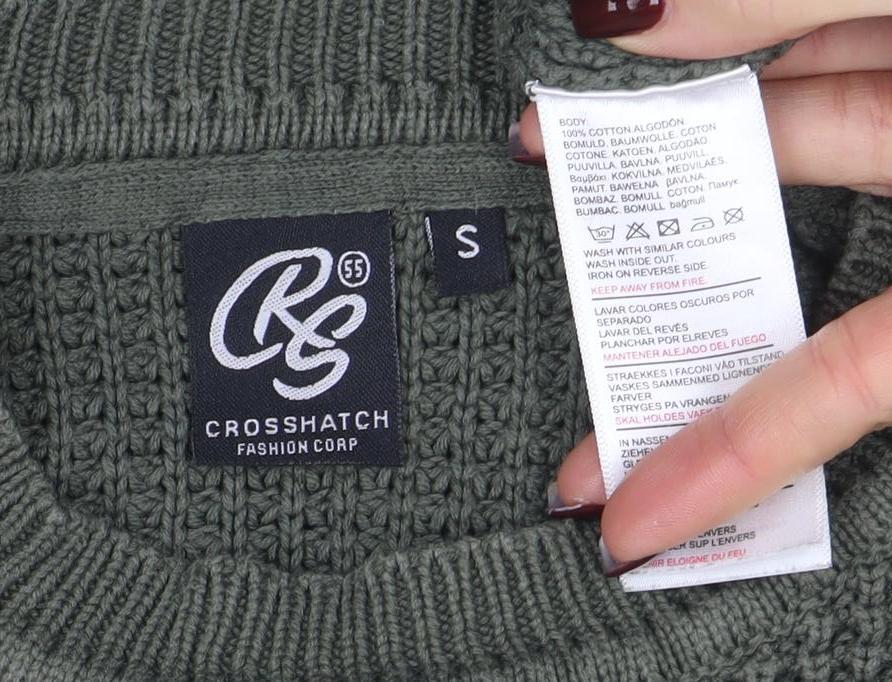 Crosshatch Mens Green Cotton Crew Neck Chunky Knit Jumper Size S