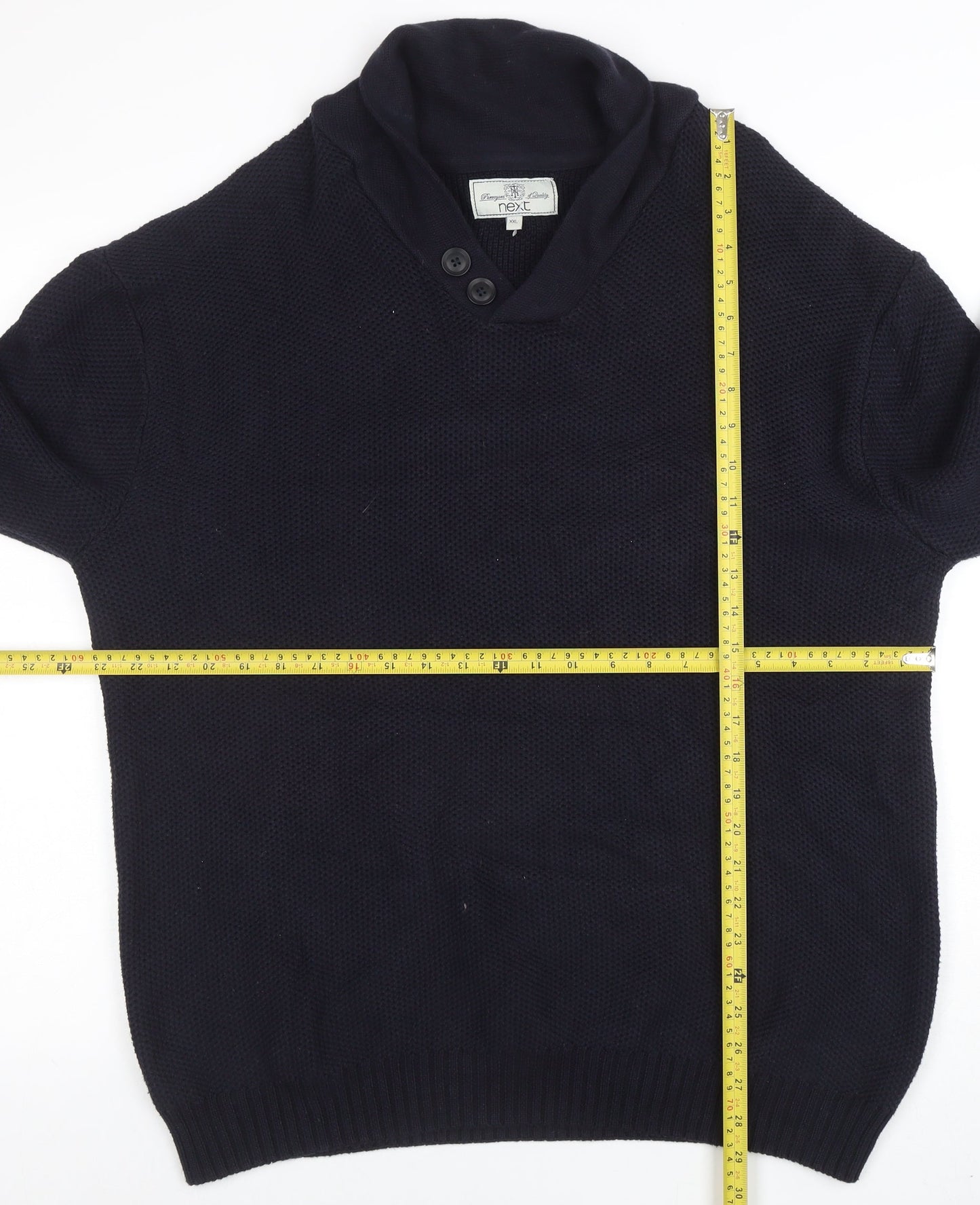 Next Men’s Blue 2XL Cotton Shawl Collar Waffle Knit Jumper