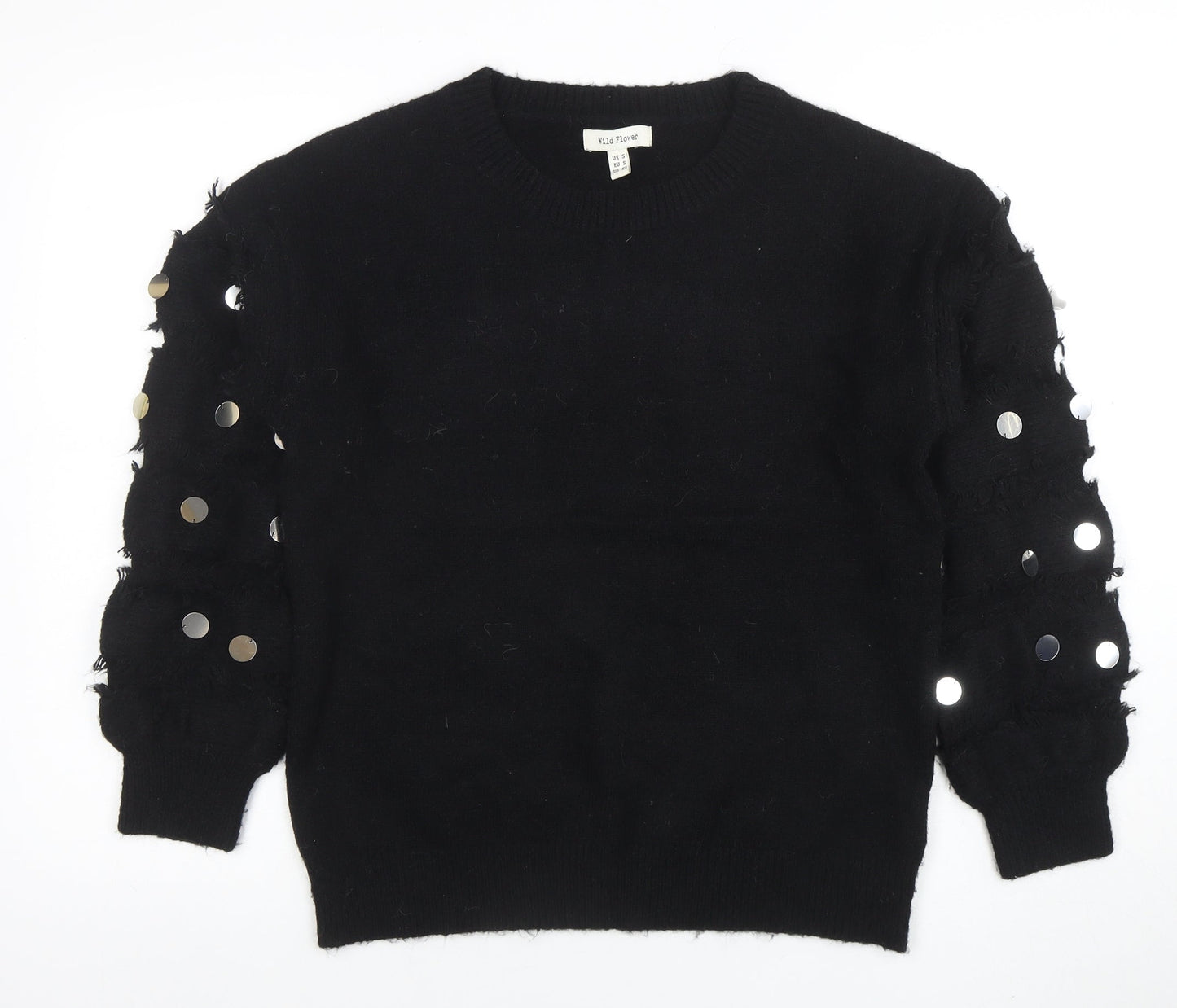 Wild Flower Womens Black Sequin Sleeve Pullover Jumper Size S