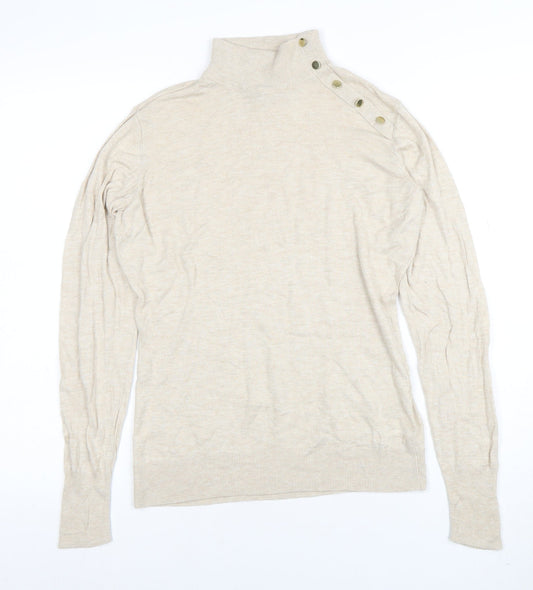 H&M Women's Beige Mock Neck Button Detail Knit Jumper Size M