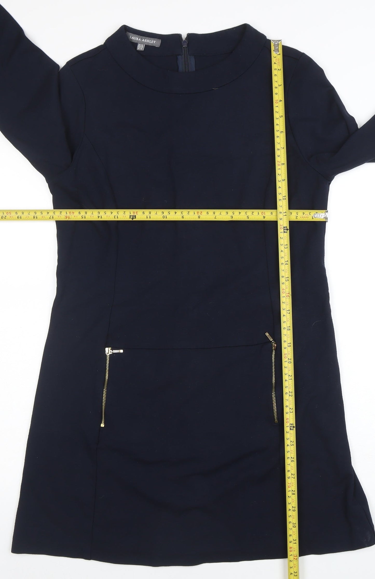 Laura Ashley Women’s Blue Shift Dress UK 14 Long Sleeve Zip Detail