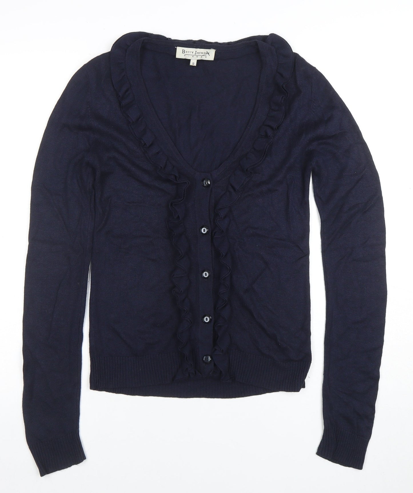 Betty Jackson Women’s Blue Ruffle V-Neck Cardigan Size 10