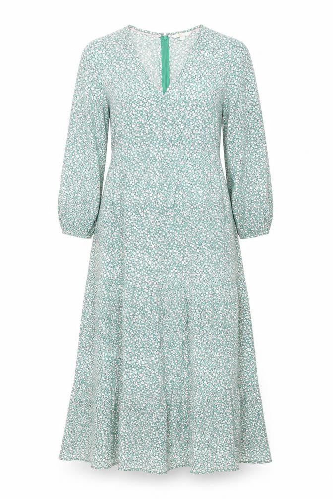 Boden Women Green Floral A-Line Midi Dress Size 8 Viscose 3/4 Sleeve