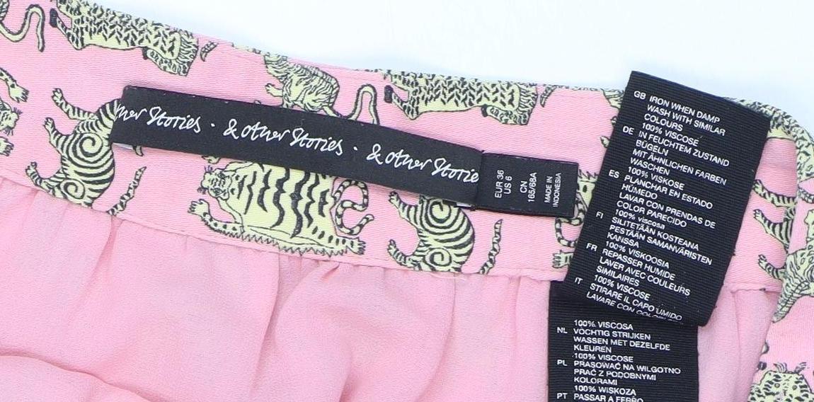 & Other Stories Women Pink Animal Print Silk Midi Bubble Skirt Size 10