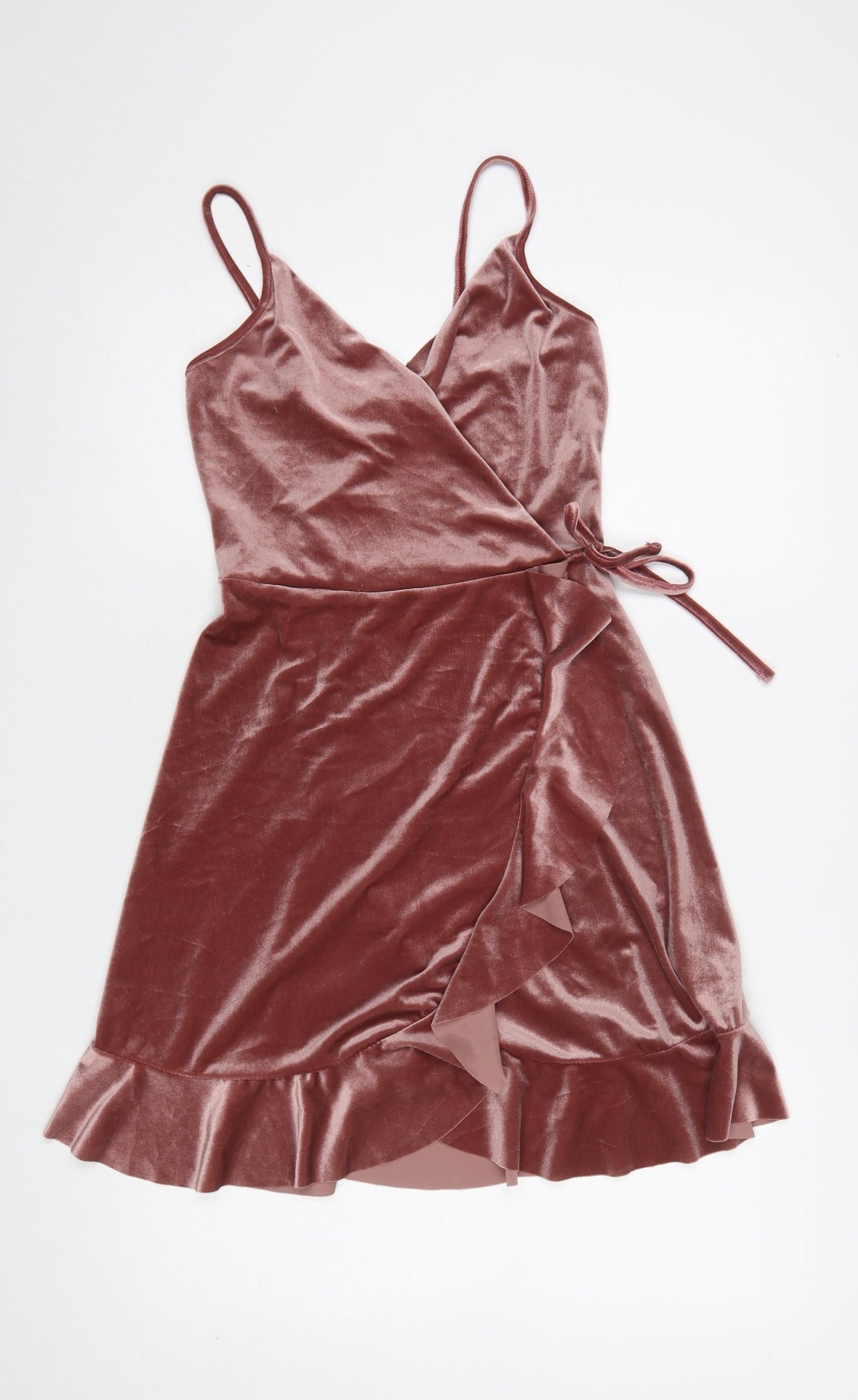 New Look Women Pink Velvet Wrap Dress UK 8 Sleeveless Ruffle Hem