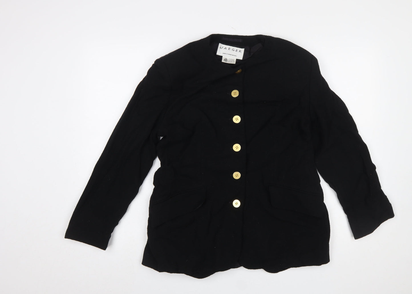 Jaeger Women Black Pure Wool Blazer UK 14 Single-Breasted Jacket