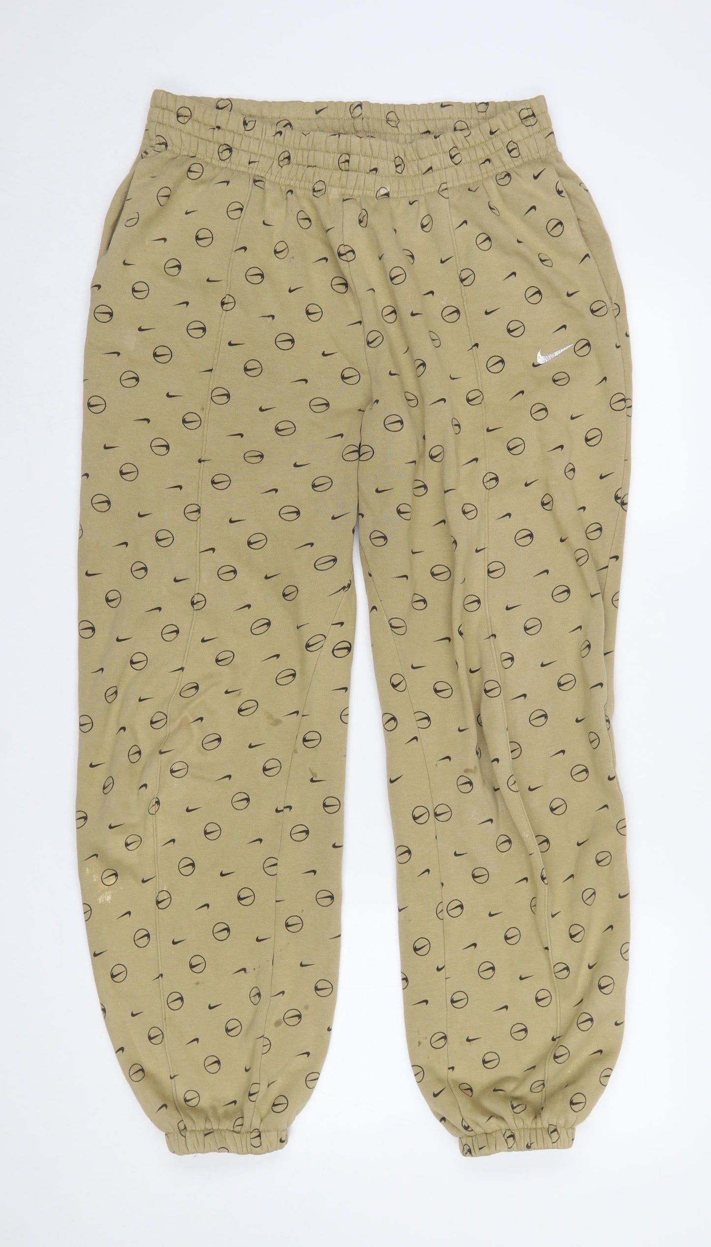 Nike Men's Beige Logo Print Jogger Trousers Size M Relaxed Fit