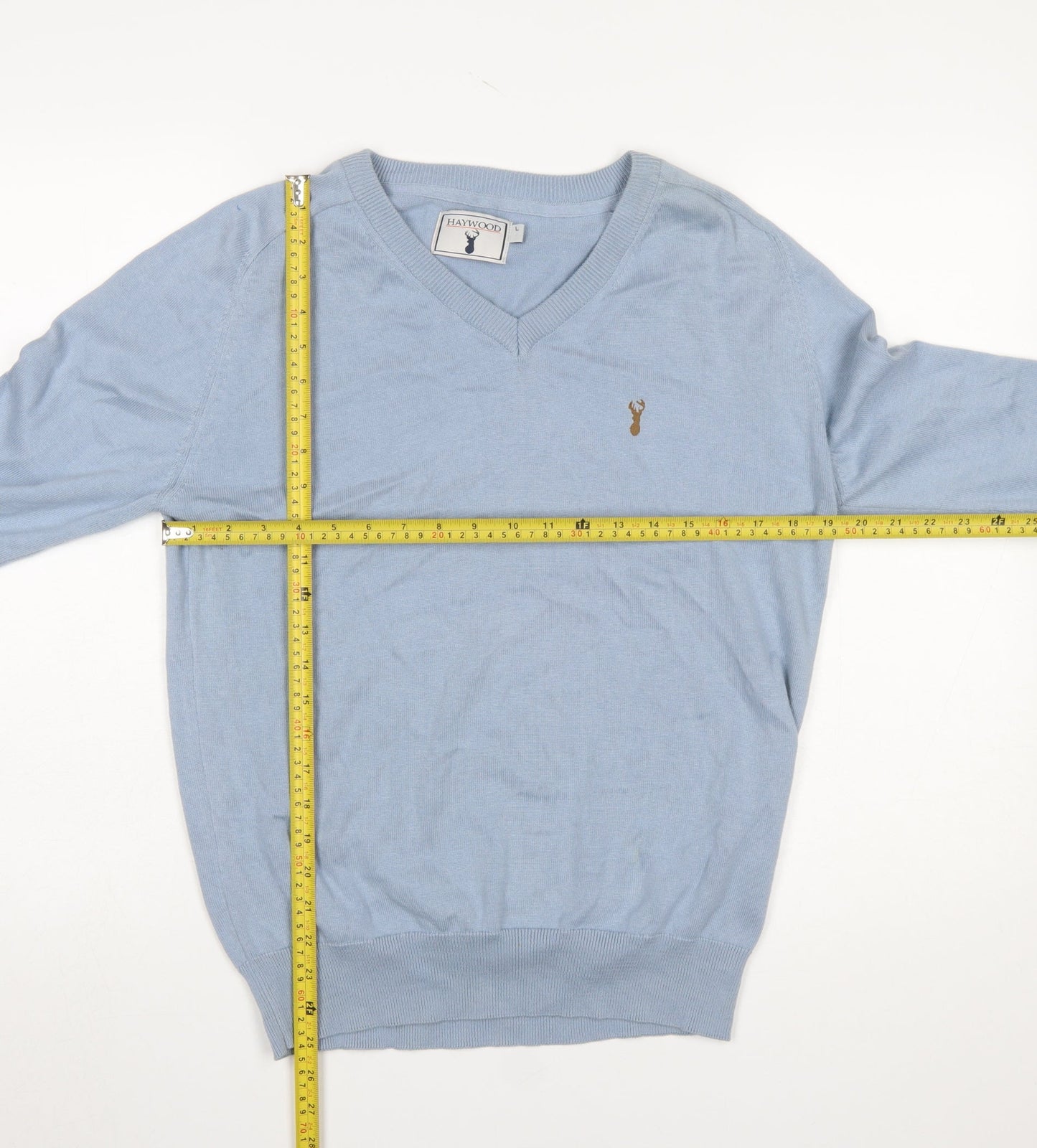 Haywood Men's Blue Cotton V-Neck Jumper Size L