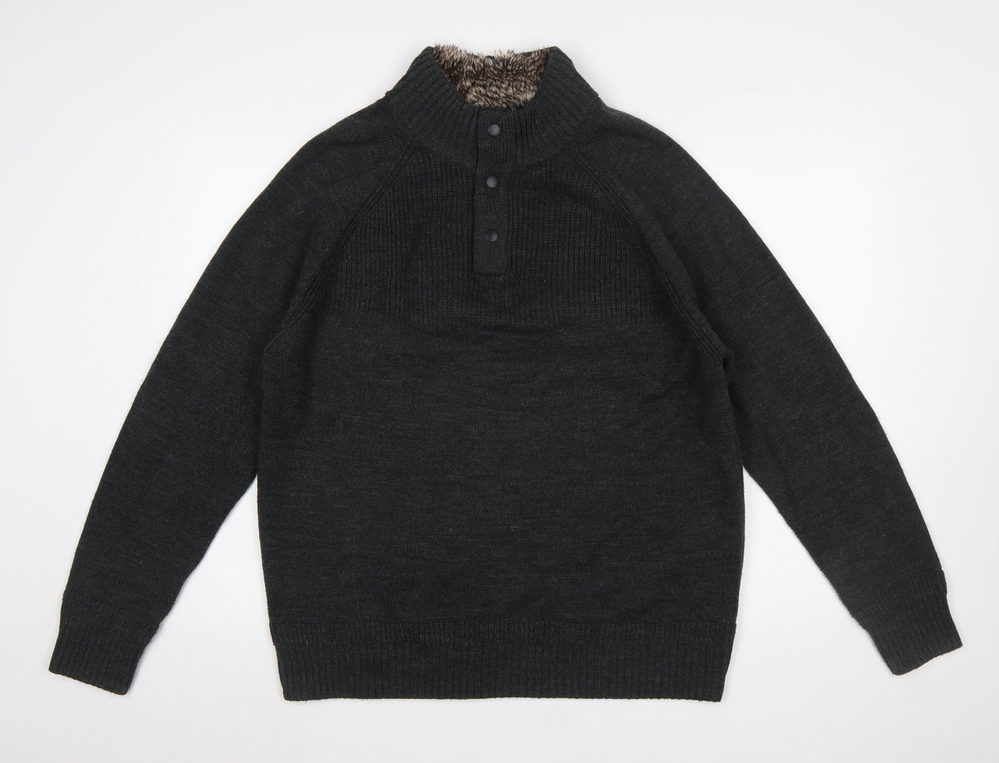 F&F Men's Black XL Henley High Neck Faux Fur Lined Jumper