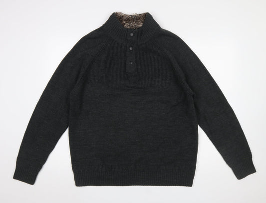 F&F Men's Black XL Henley High Neck Faux Fur Lined Jumper
