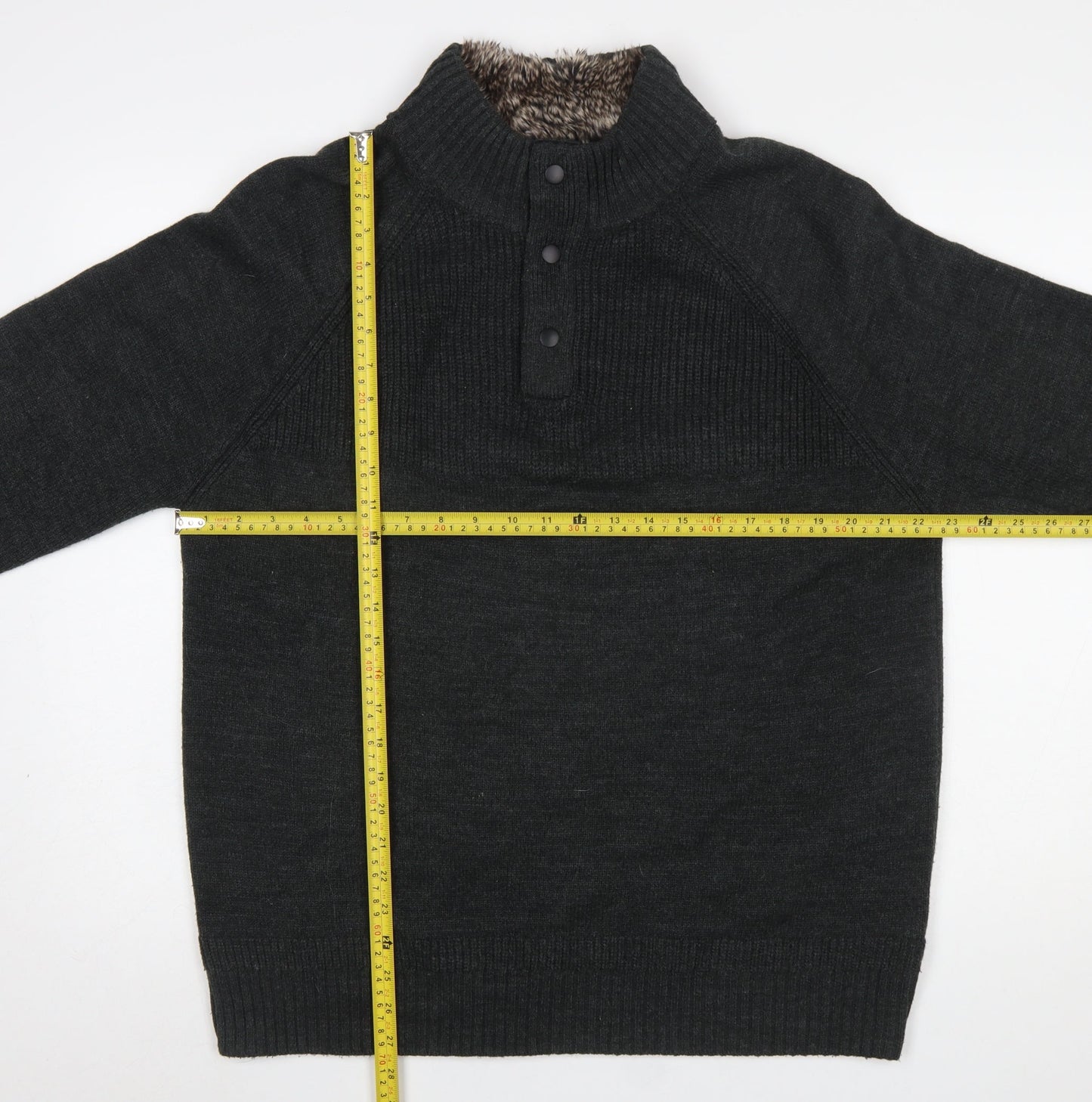 F&F Men's Black XL Henley High Neck Faux Fur Lined Jumper