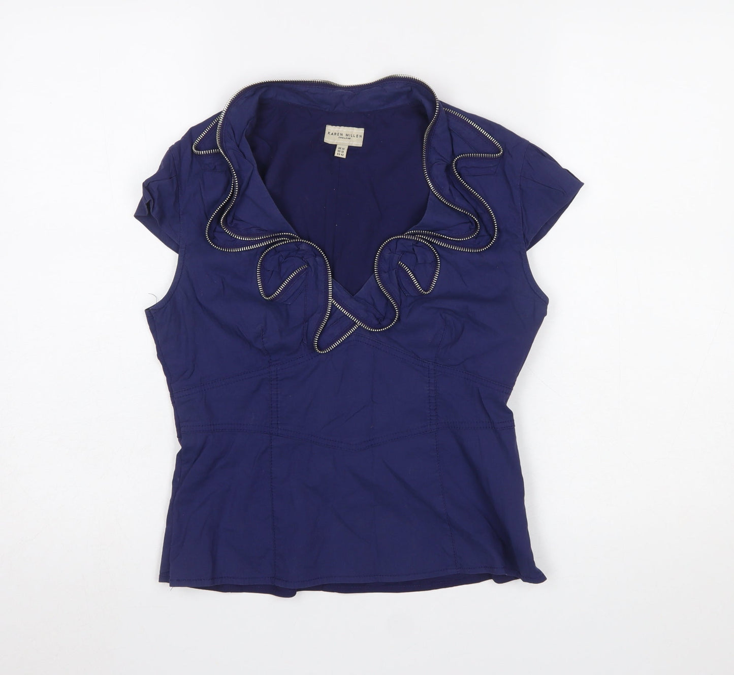 Karen Millen Women's Blue Ruffle V-Neck Short Sleeve Cotton Blouse Size 14