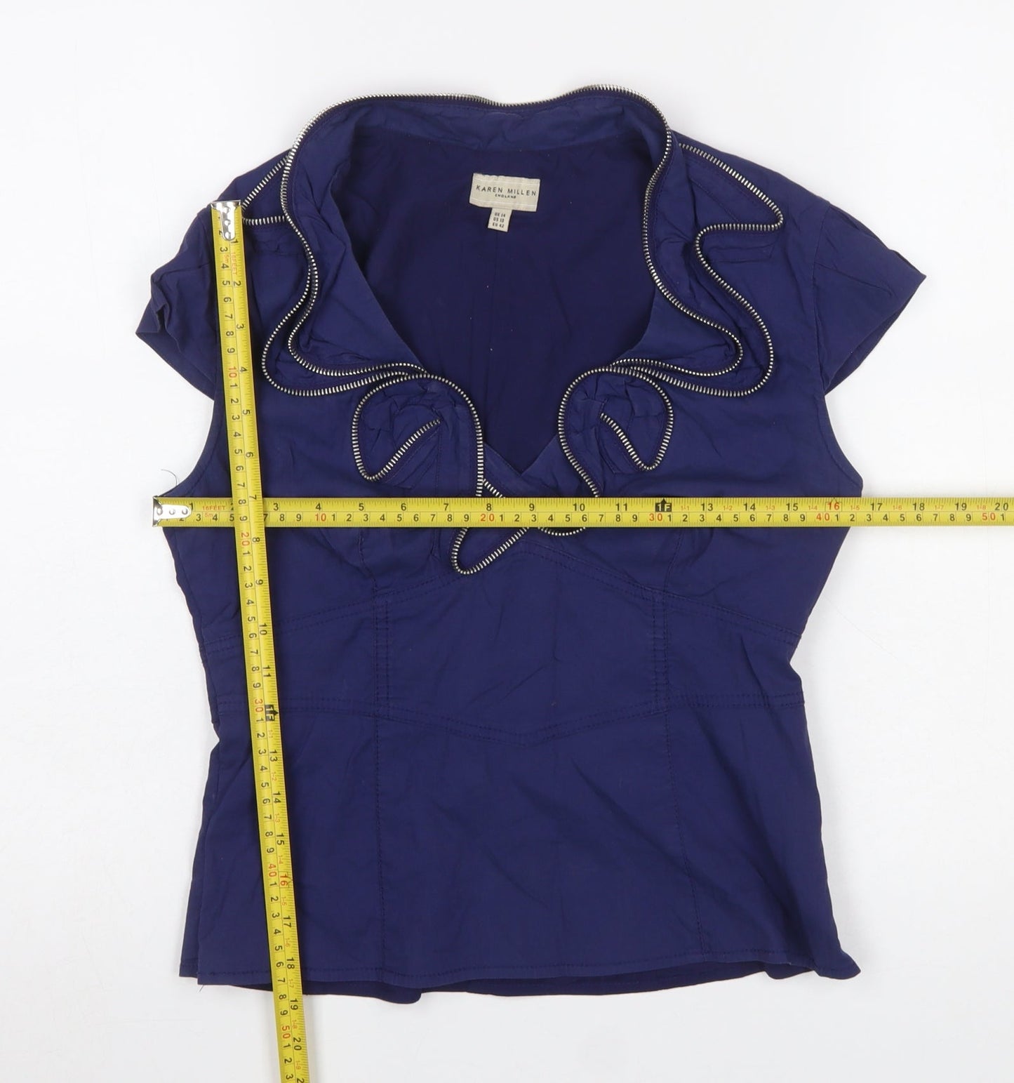 Karen Millen Women's Blue Ruffle V-Neck Short Sleeve Cotton Blouse Size 14
