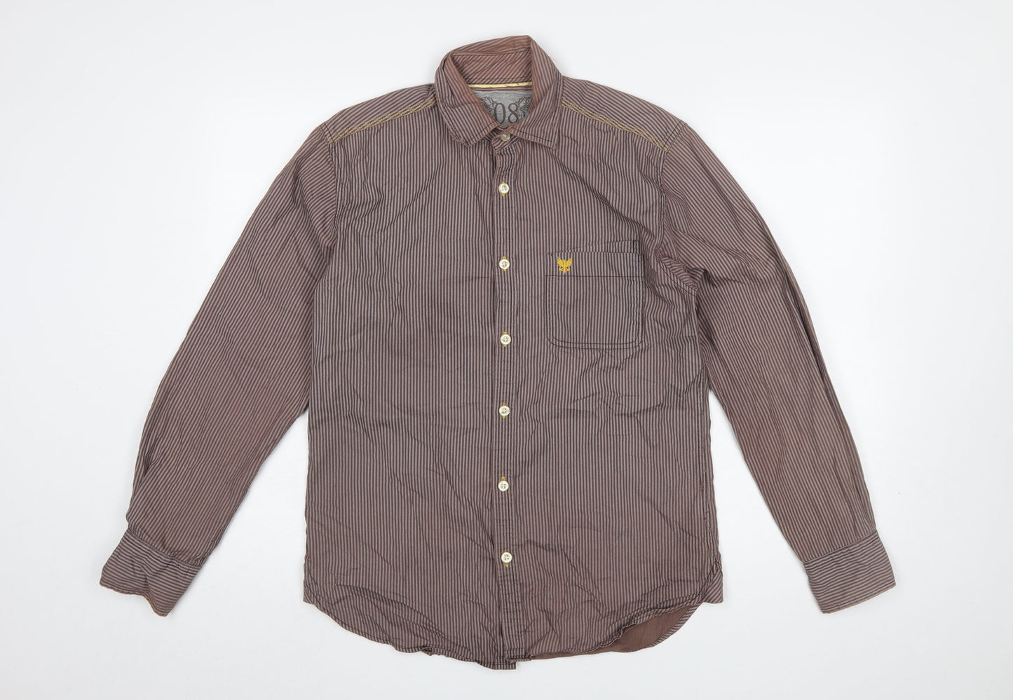 Lee Cooper Men's Brown Striped Cotton Long Sleeve Button-Up Shirt Size S