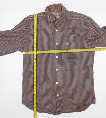 Back view of Lee Cooper Men's Brown Striped Cotton Long Sleeve Button-Up Shirt, size S