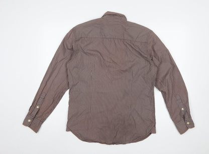 Close-up detail of Lee Cooper Men's Brown Striped Cotton Long Sleeve Button-Up Shirt, size S