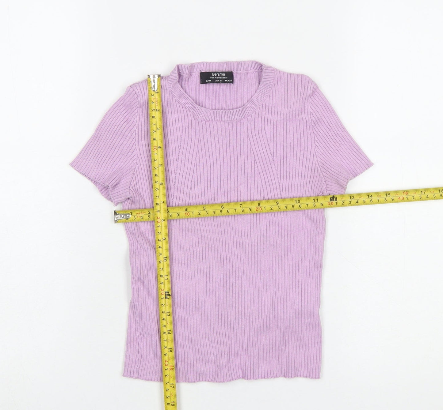Bershka Women Purple Ribbed Knit Short Sleeve Basic T-Shirt Size 12