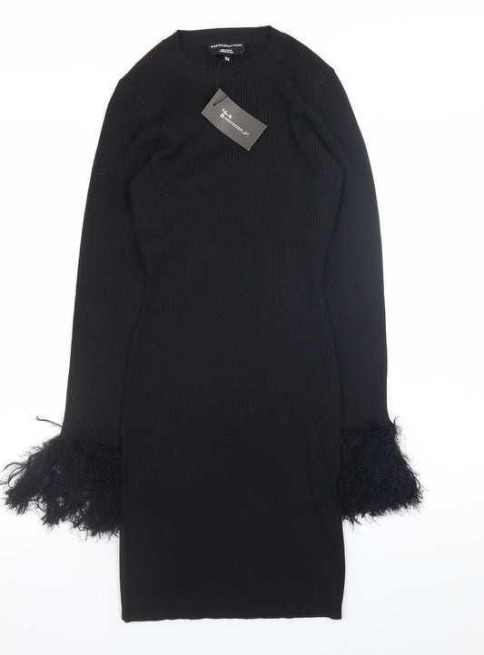Wednesday's Girl Women's Black XS Bodycon Knit Dress with Feather Cuffs