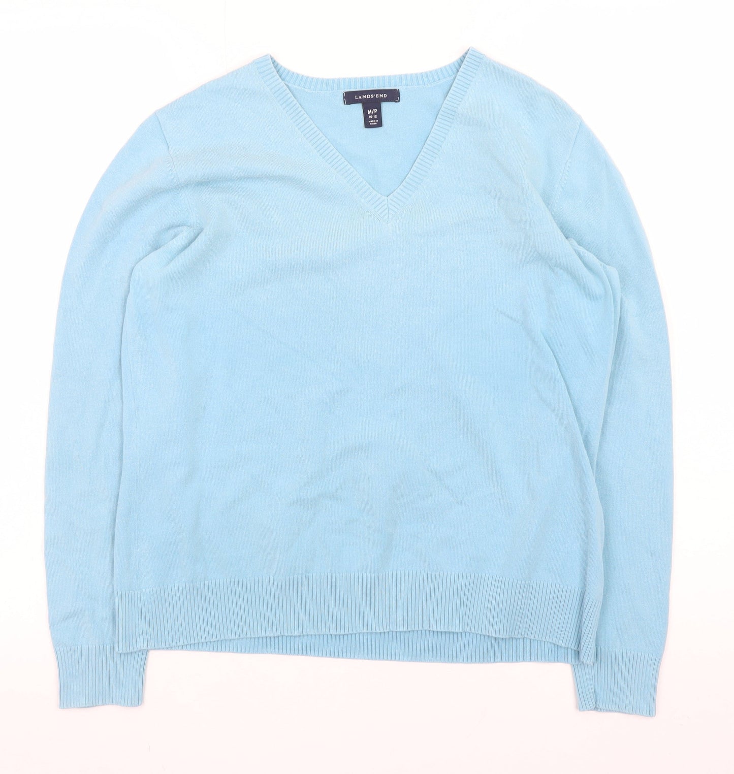 Lands' End Women's Blue V-Neck Cotton Knit Jumper Size 12 Petite
