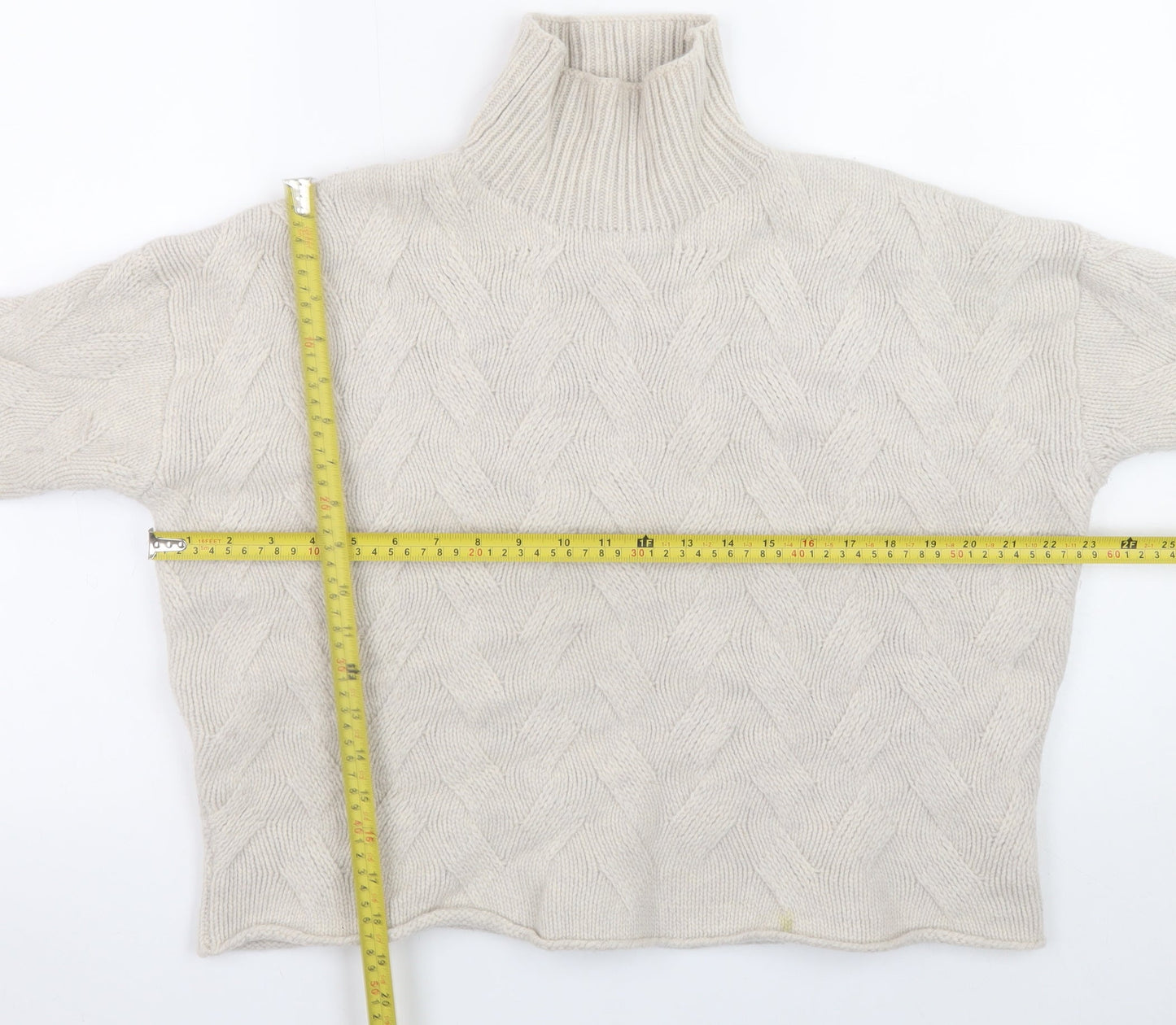 Poetry Women Beige Roll Neck Cable-Knit Lambswool Jumper Size 14