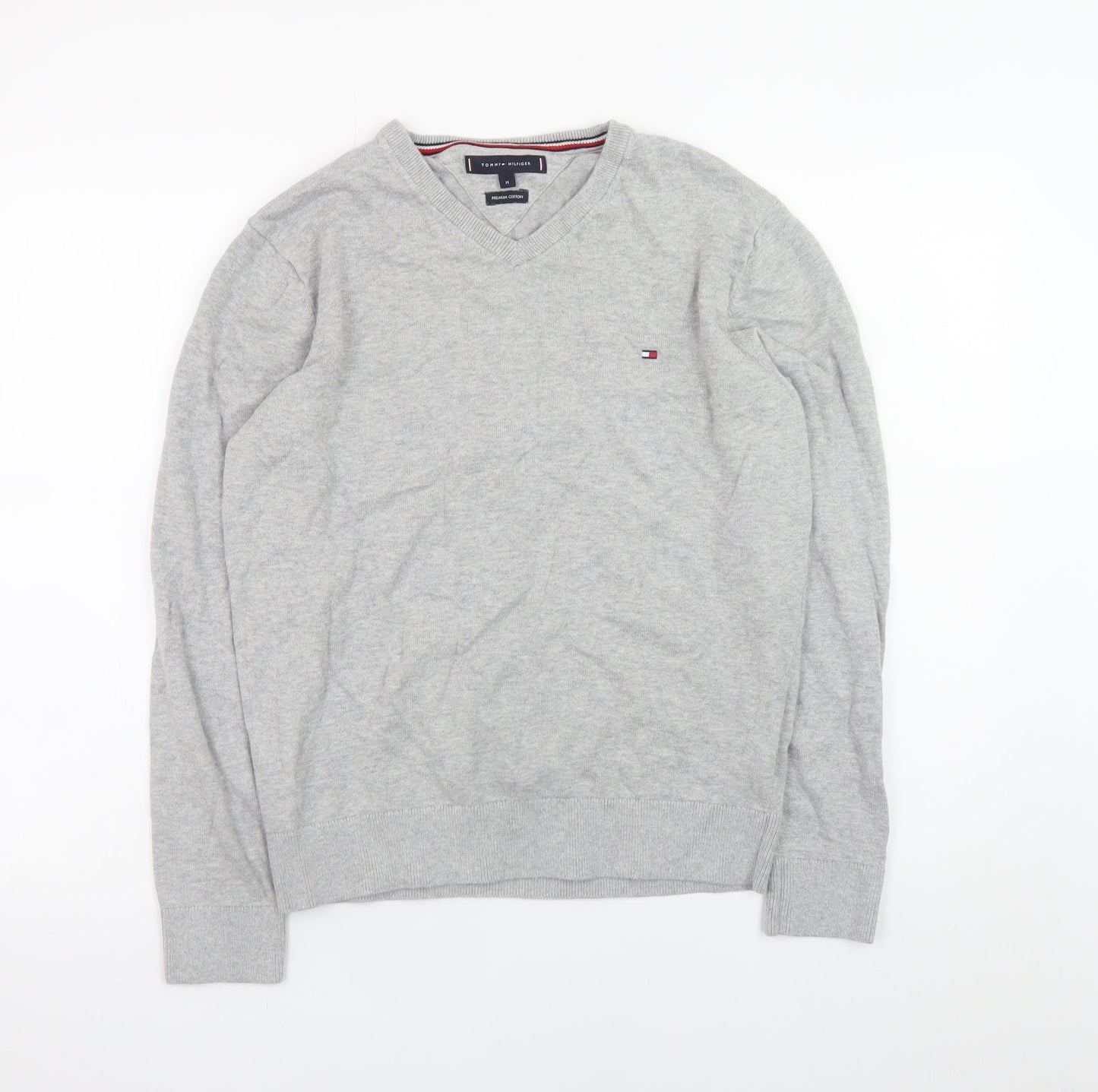 Tommy Hilfiger Men's Grey V-Neck Cotton Jumper Size M