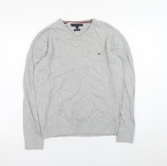 Tommy Hilfiger Men's Grey V-Neck Cotton Jumper Size M