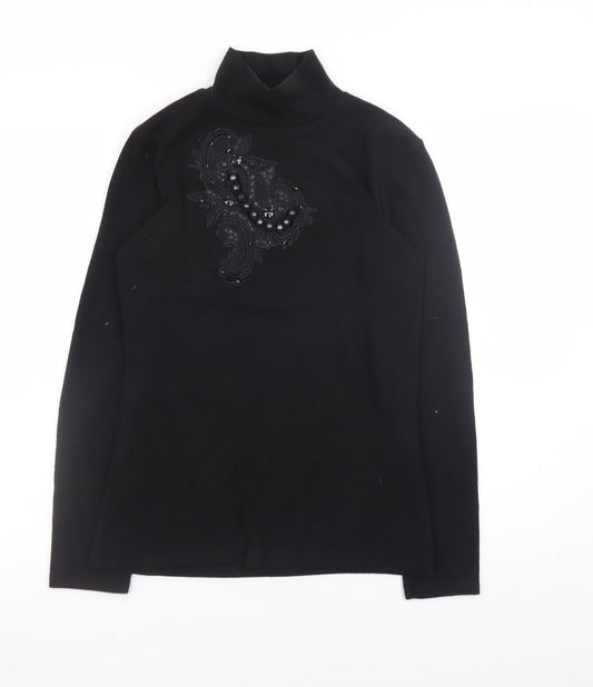 Zara Women Black Mock Neck Beaded Pullover Jumper Size M