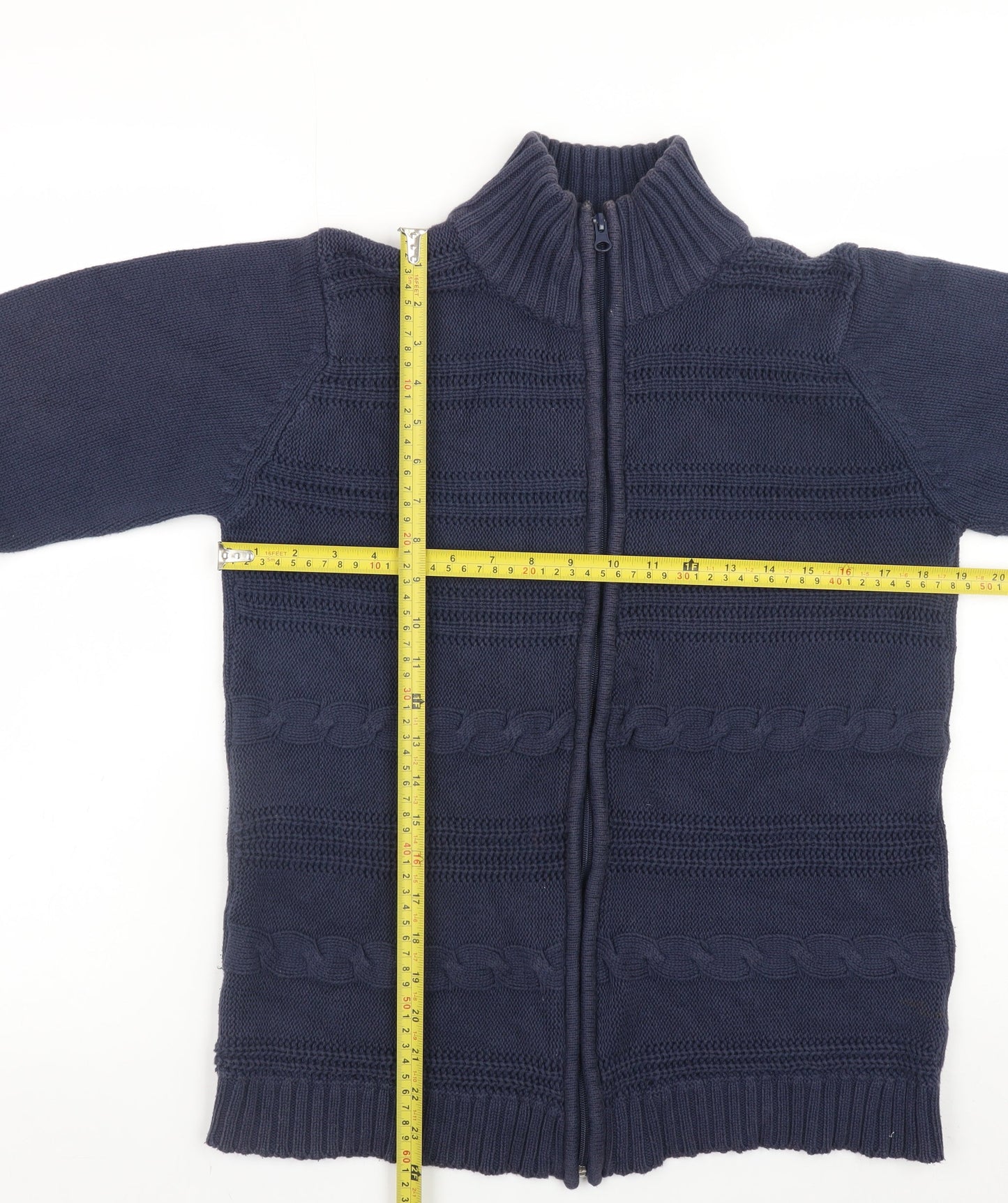 Long Island Men's Blue XL Full Zip Cable-Knit Cotton Jumper