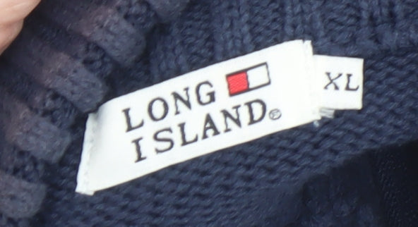 Long Island Men's Blue XL Full Zip Cable-Knit Cotton Jumper