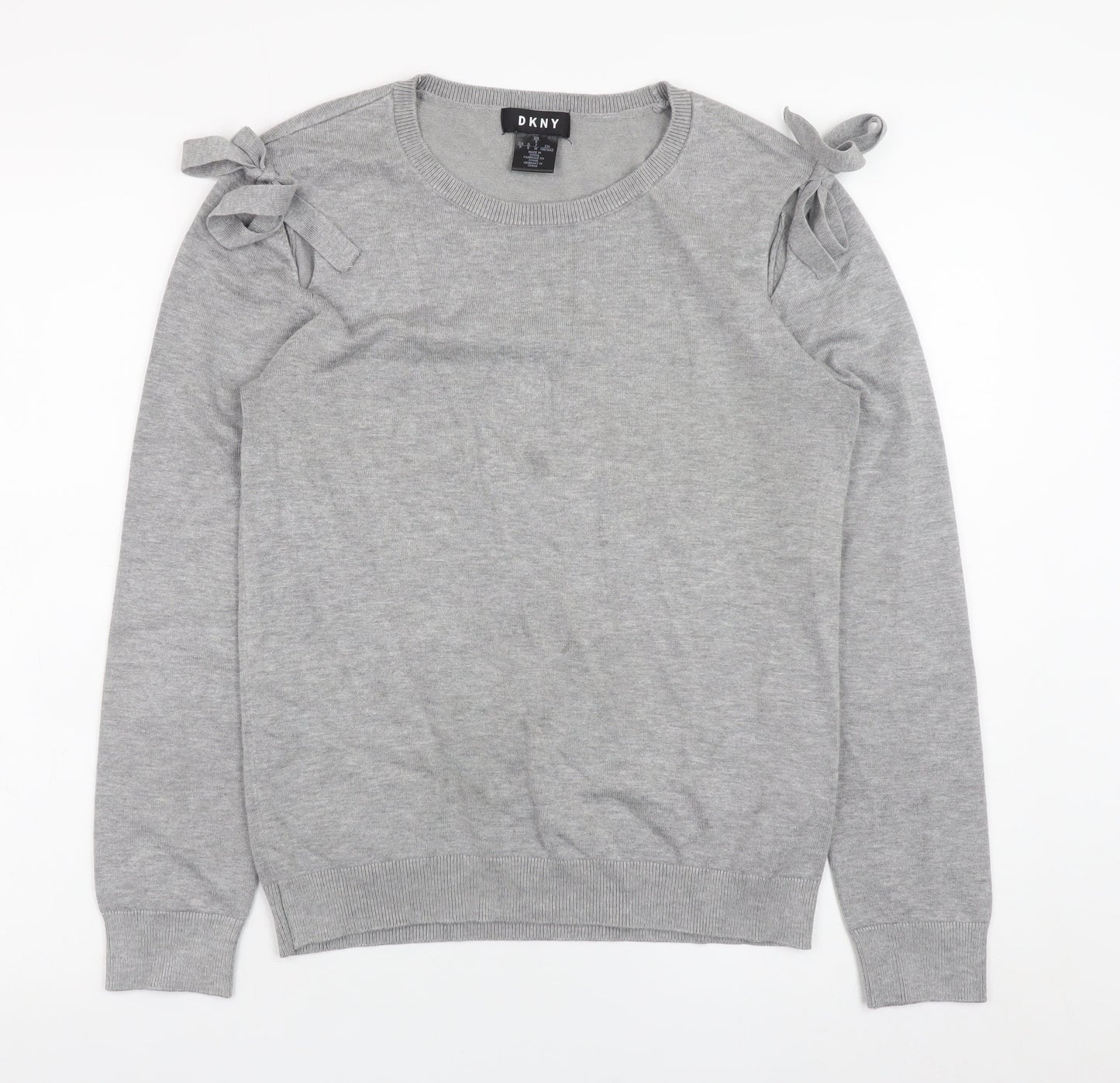 DKNY Women Grey Crew Neck Bow Sleeve Pullover Jumper Size S