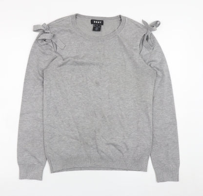 DKNY Women Grey Crew Neck Bow Sleeve Pullover Jumper Size S