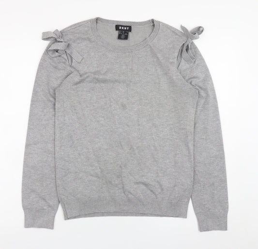 DKNY Women Grey Crew Neck Bow Sleeve Pullover Jumper Size S