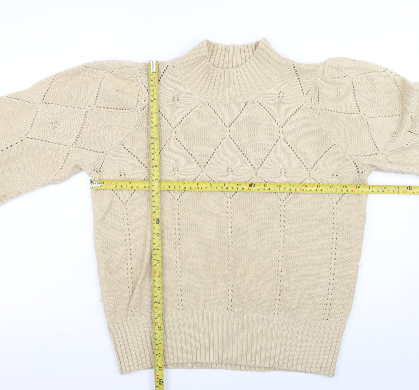 Fat Face Women Beige High Neck Puff Sleeve Knit Jumper Size 14