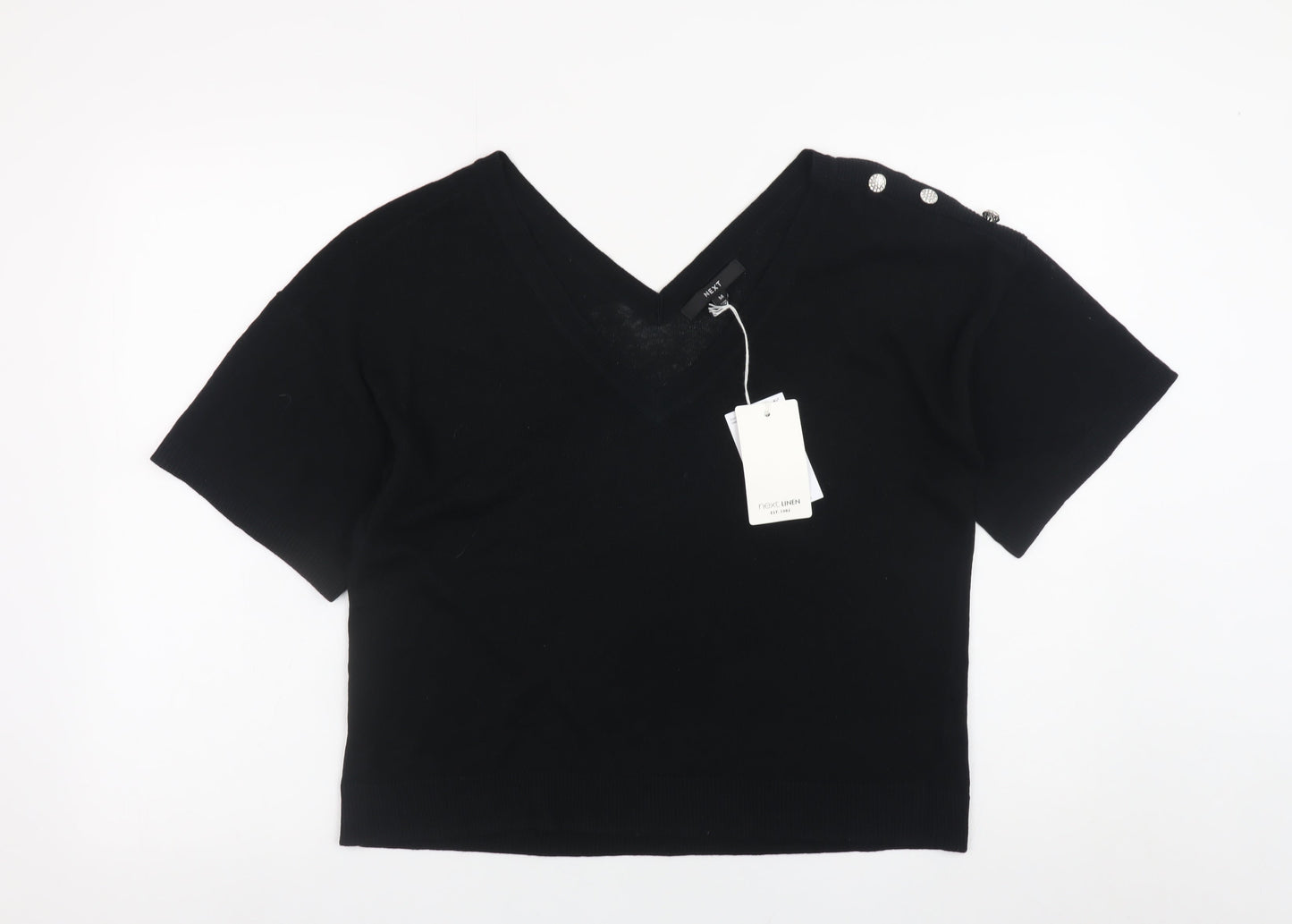 Next Womens Black V-Neck Short Sleeve Pullover Jumper Size 12