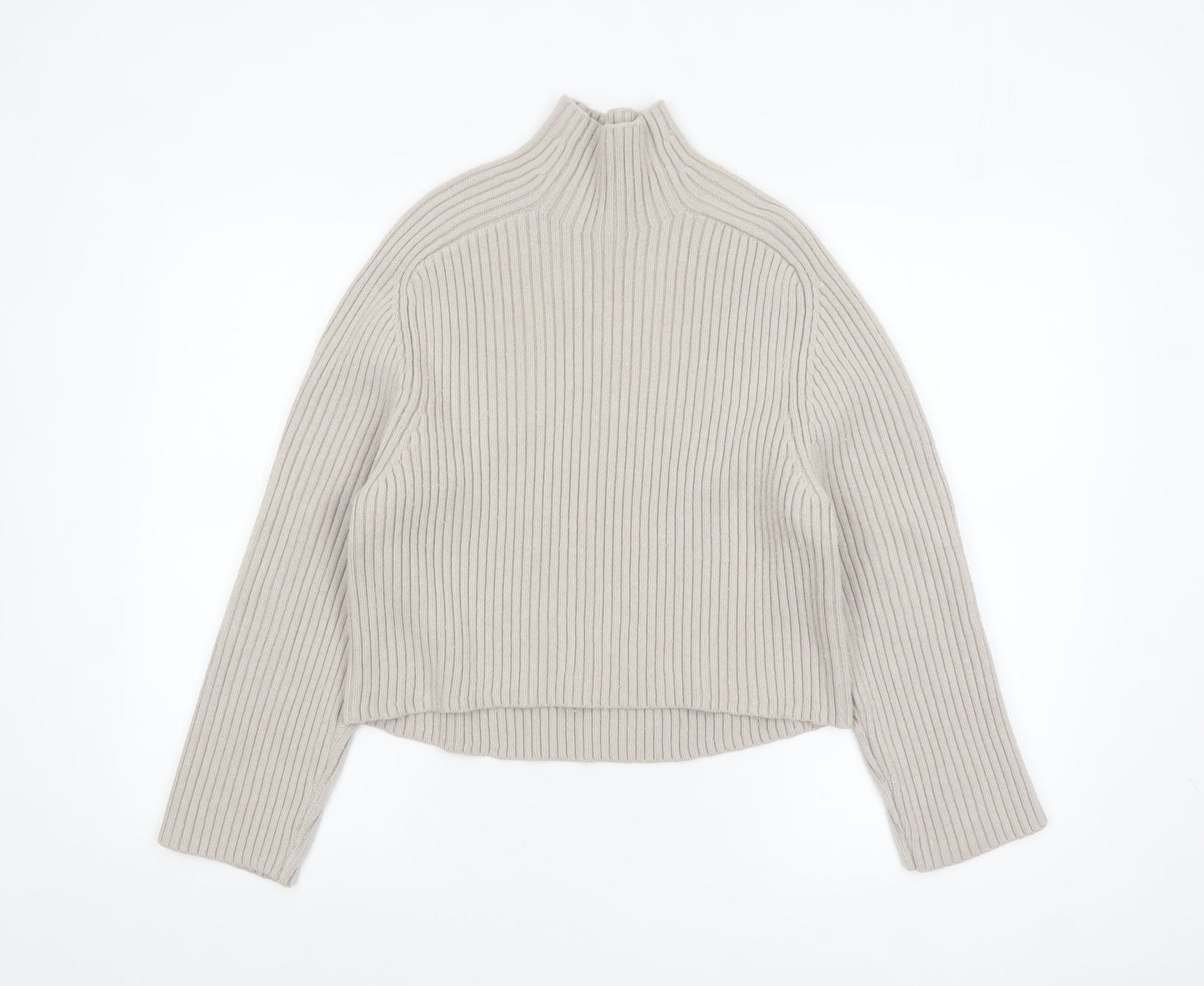 H&M Women’s Beige Ribbed Wool Blend Mock Neck Jumper XS
