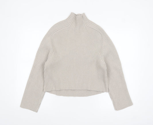 H&M Women’s Beige Ribbed Wool Blend Mock Neck Jumper XS